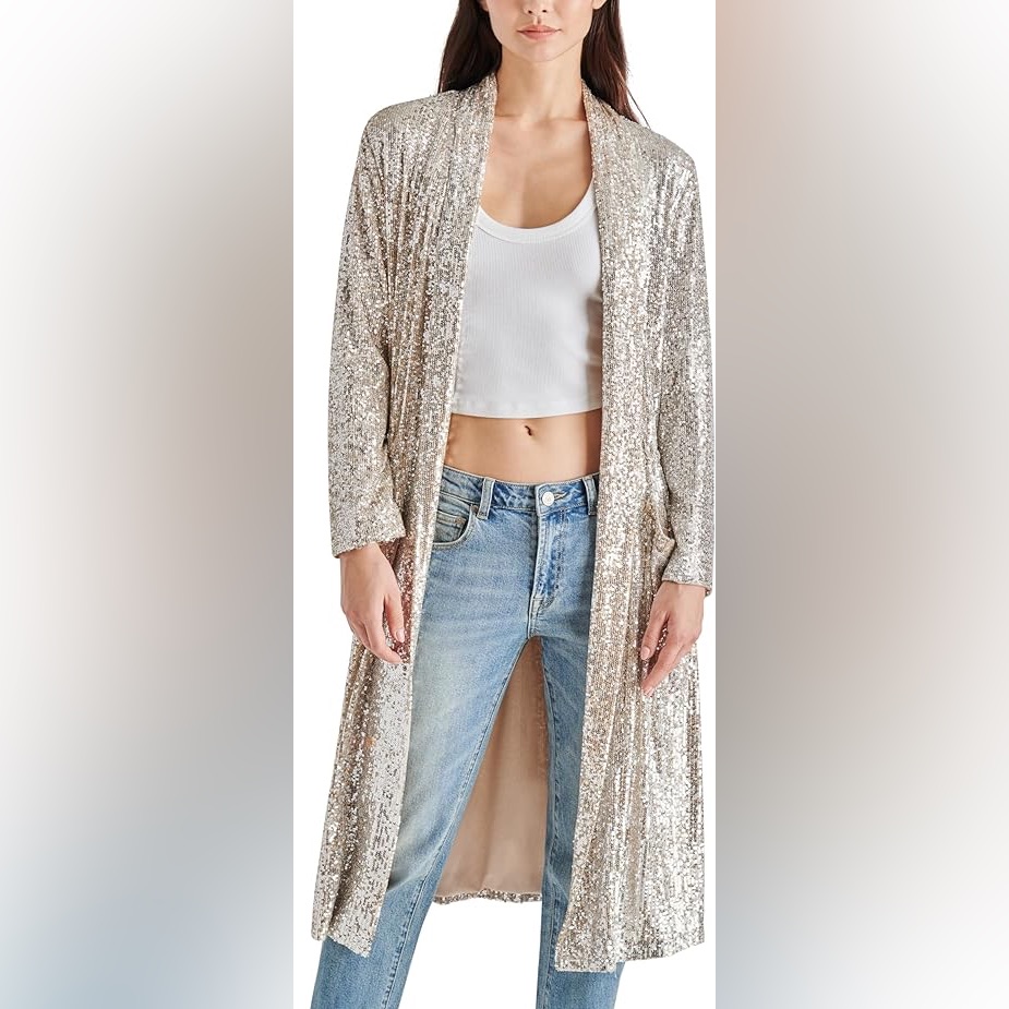 Bb Dakota By Steve Madden Glitter Bomb Champagne Sequin Duster Coat Sz L